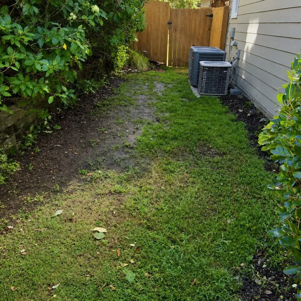 Worn dirt path down a narrow side yard before stepping stones were installed